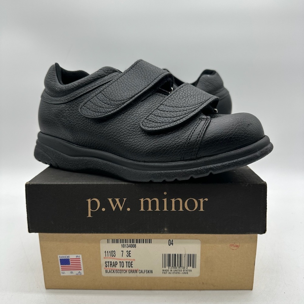 PW Minor 11103 Size 7 EEE Leisure‎ Time Strap To Toe Black Leather Comfort Shoes